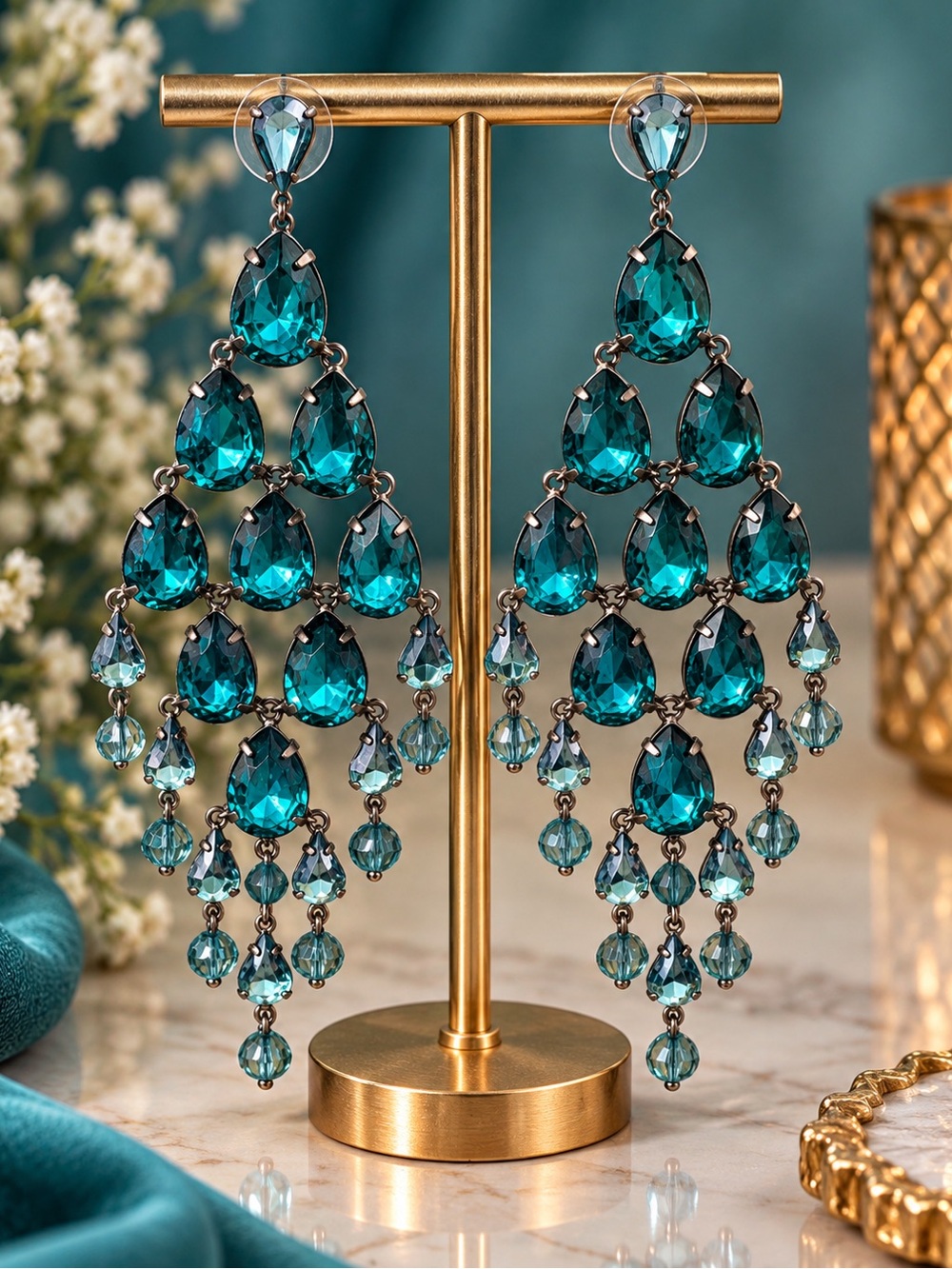 Teardrop Crystal Chandelier Earrings - Teal